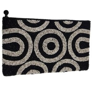 Black Cream Beaded Art Deco Pattern Mini Clutch Evening Bag 8"L X 4.75"H X .75"W